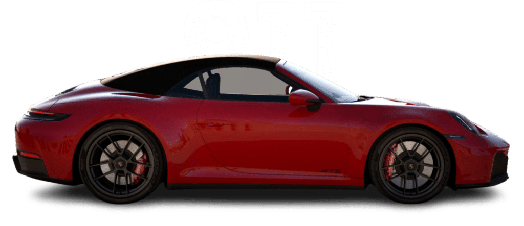 seitenansicht roter porsche 911 carrera 4 gts cabrio mit zahl 911 im hintergrund