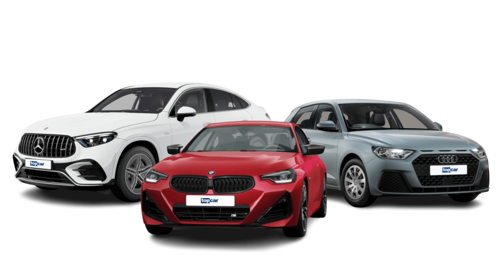 3 fahrzeuge davon links ein weißer mercedes gle coupe, in der mitte ein roter bmw und rechts ein grauer audi a3