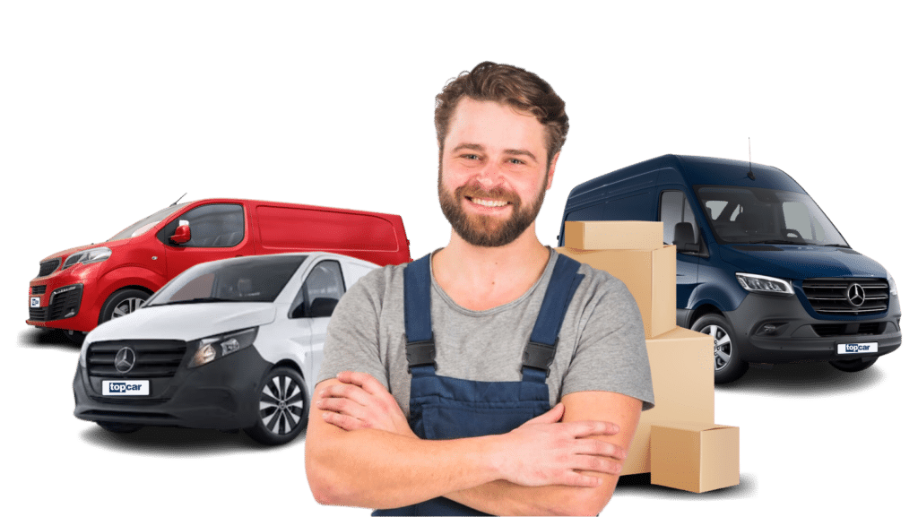 ein mann mit schürze und grauen shirt steht vor umzugkartons und 3 transportern der marke opel und mercedes