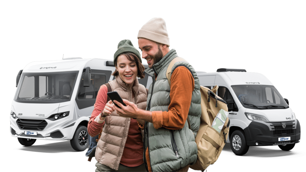 2 menschen die vor 2 wohnmobilen stehen