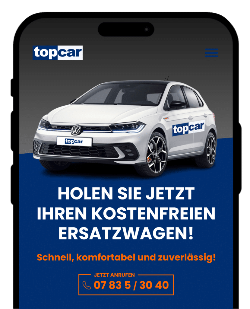 smartphone grafik mit weißen vw polo ersatzfahrzeug mieten unfallfahrzeug top-car