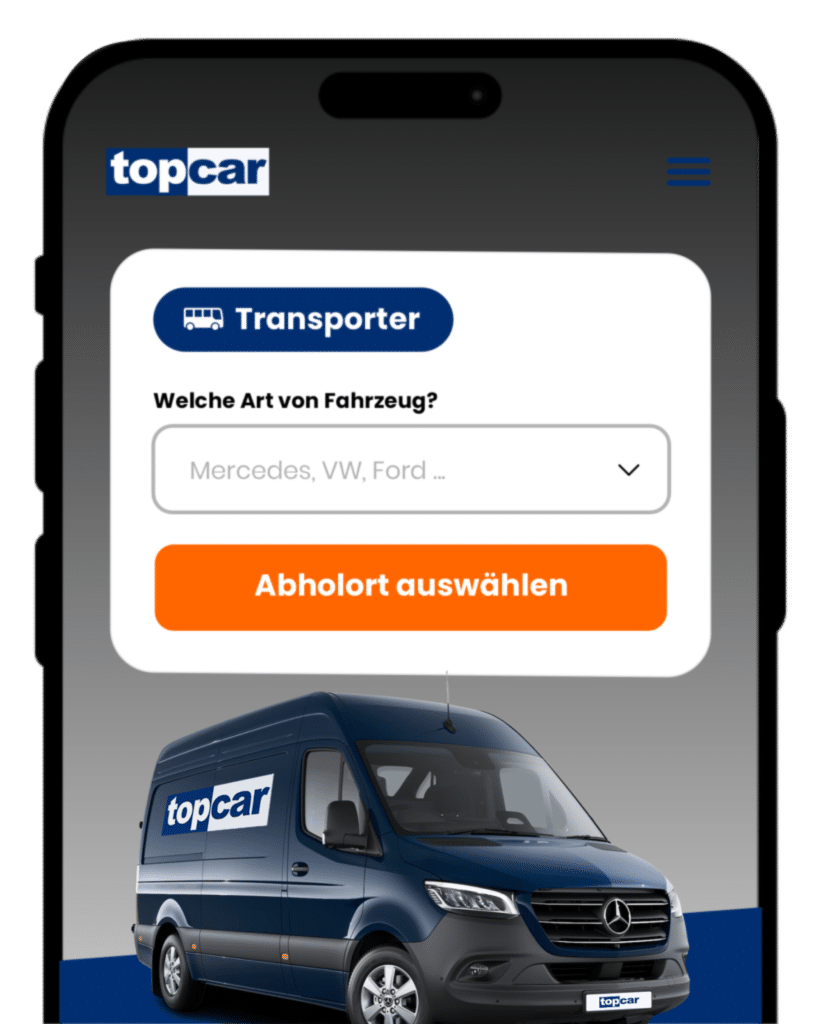 smartphone grafik mit blauer transporter mercedes benz sprinter mit top-car folie